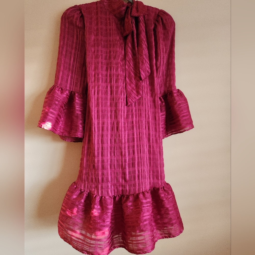 Calvin Klein Womens Metallic Bell Sleeve Shift Dress Pink Size 14 - Picture 8 of 9